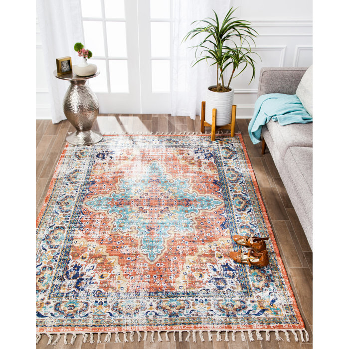 Glendo Distressed Handwoven Flatweave Orange Blue Area Rug