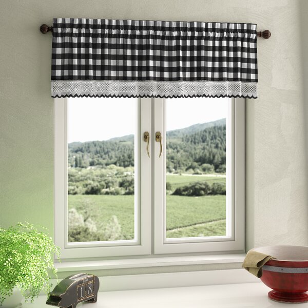French country roosters valance Black and white checkered bottom.