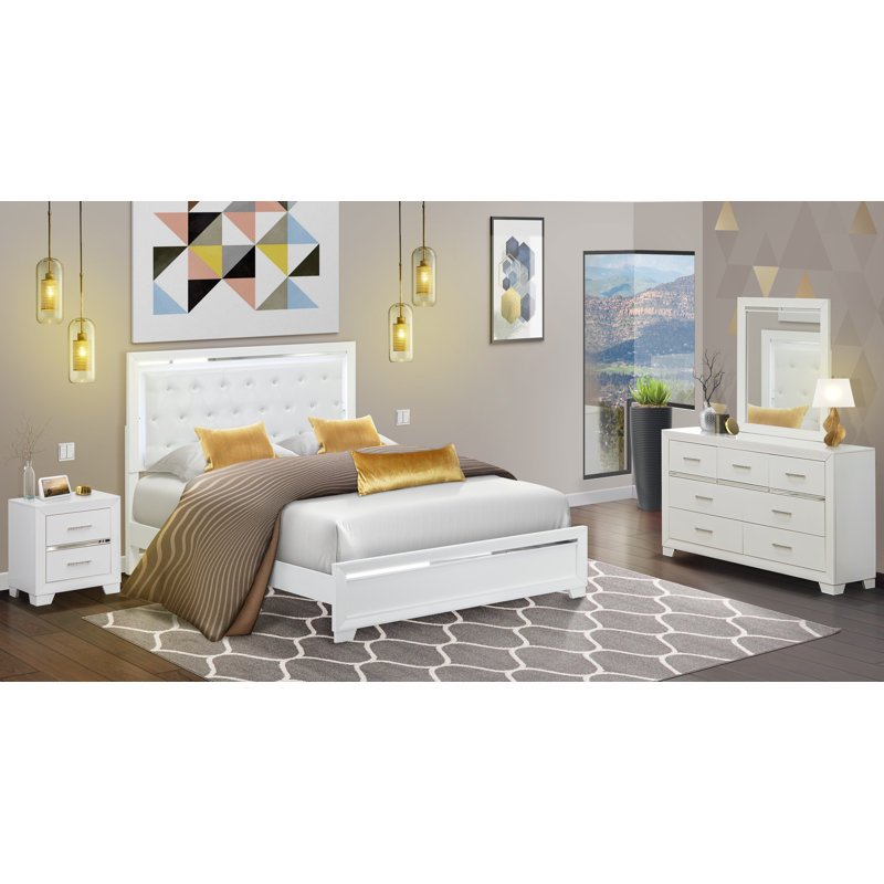 Mercer41 Chouchou 4 Piece Queen Size Bedroom Set In White Finish With Queen Bed Nightstand Dresser Mirror Wayfair