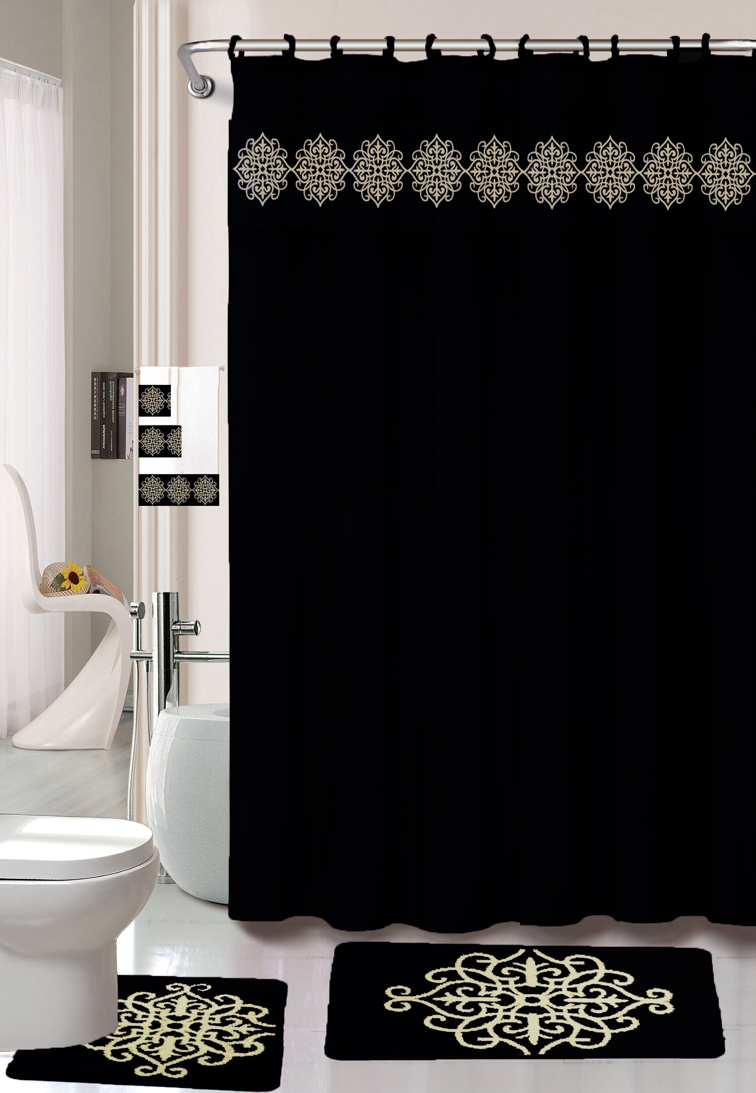 Sareen Green & Yellow 18-Piece Bathroom Accessory Set 2 Bath Mats Shower Curtain 