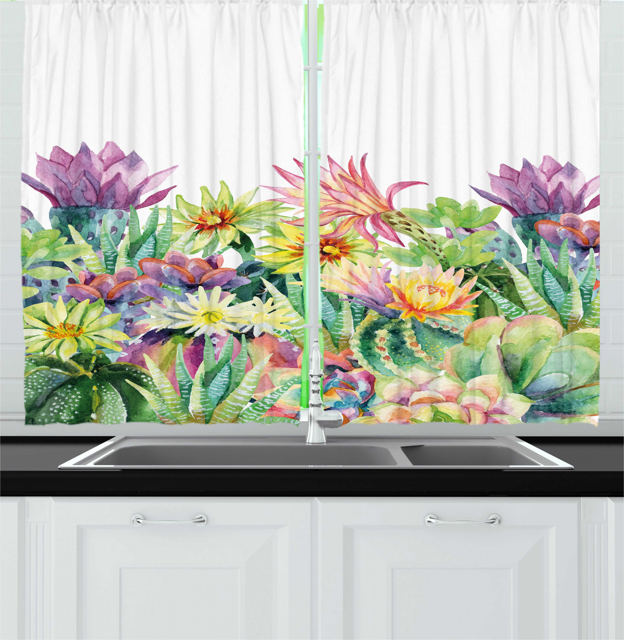 East Urban Home 2 Piece Watercolor Fine Art Botanical Painting Of Garden Flowers And Succulents Kitchen Curtain Set Wayfair