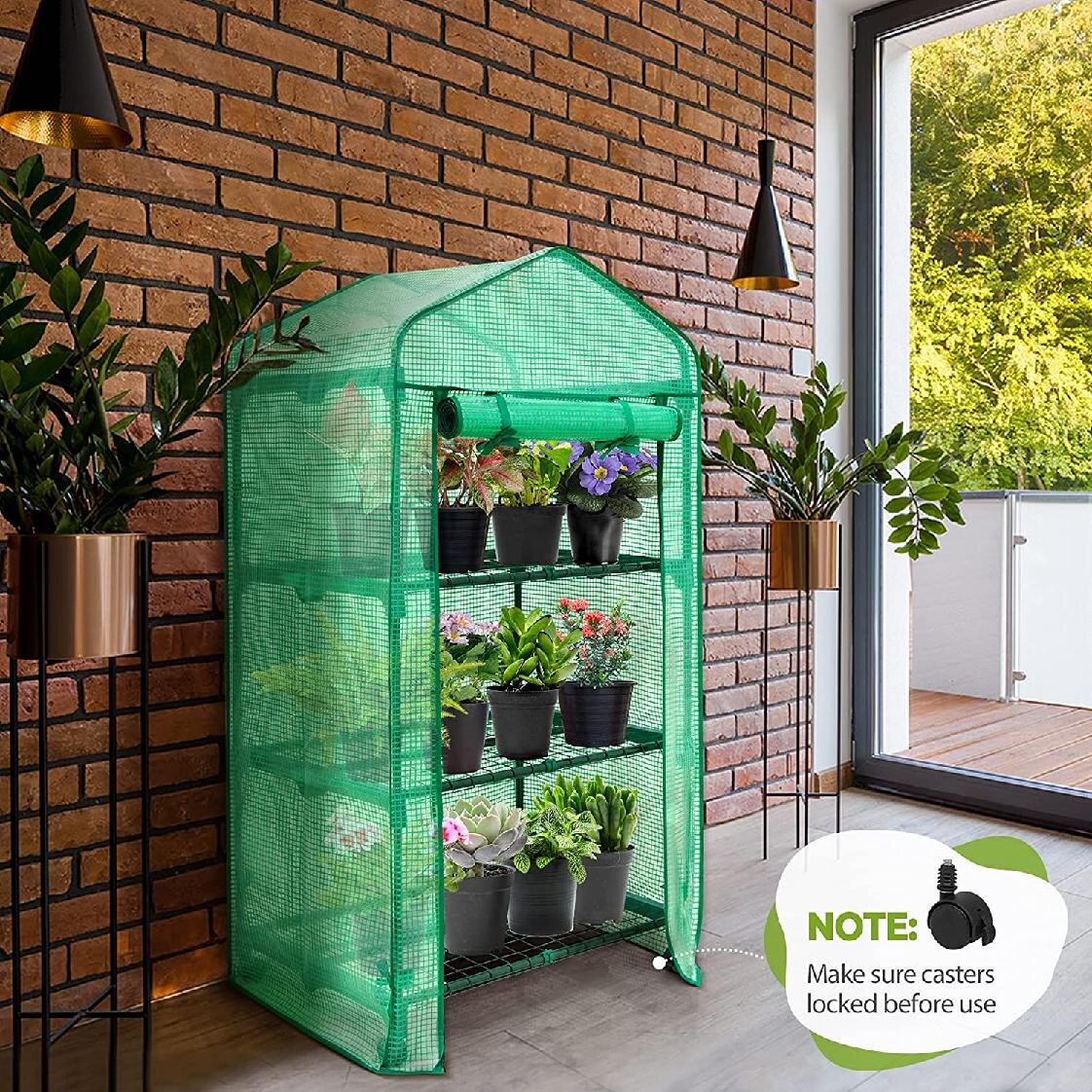 Green 4 Tier Portable Green House Plant Shed Gardening Plant for Outdoor & Indoor with Roll-Up Zipper Door Mini Greenhouse with Casters 