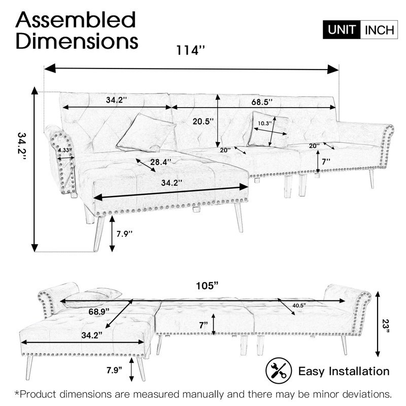 Everly Quinn 3 Person Sofa Sectional Sofa Couch For Living Room L Shape Sofa Couch Convertible Sofas Sectional Modern Tufted Futon Sofa Sleeper With 2 Pillows For Apartment For Living Room Office Navy