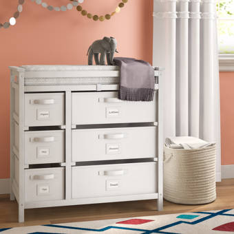 sleigh style baby changing table with 6 storage baskets and pad