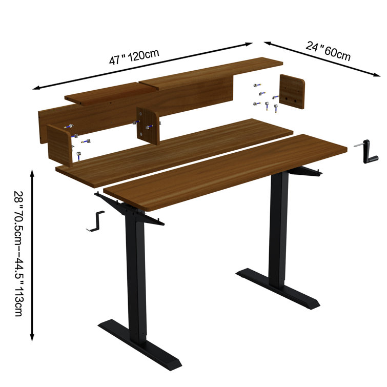 Hand Crank Height Adjustable Office Desk With Bookshelf White