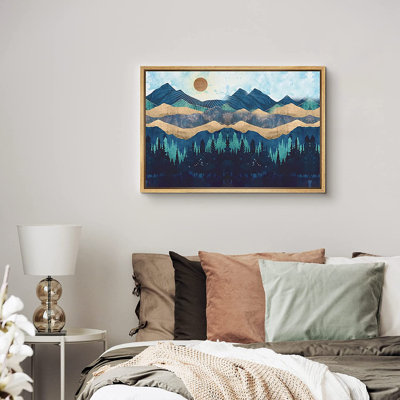 Navy Blue Mountains & Forest Shining Sun Abstract Landscape Modern Art Framed On Canvas Print