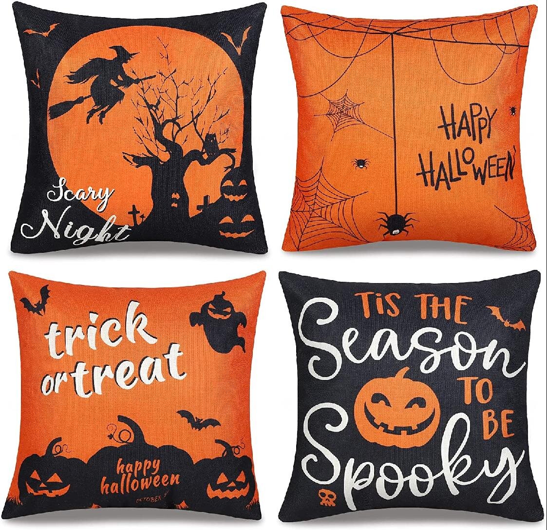 Halloween Pillow Covers 18x18 Happy Halloween Throw Pillow Case Set of 4 Trick or Treat Black and White Decorative Pillow Cover Holiday Decor for Outdoor Livingroom Sofa 