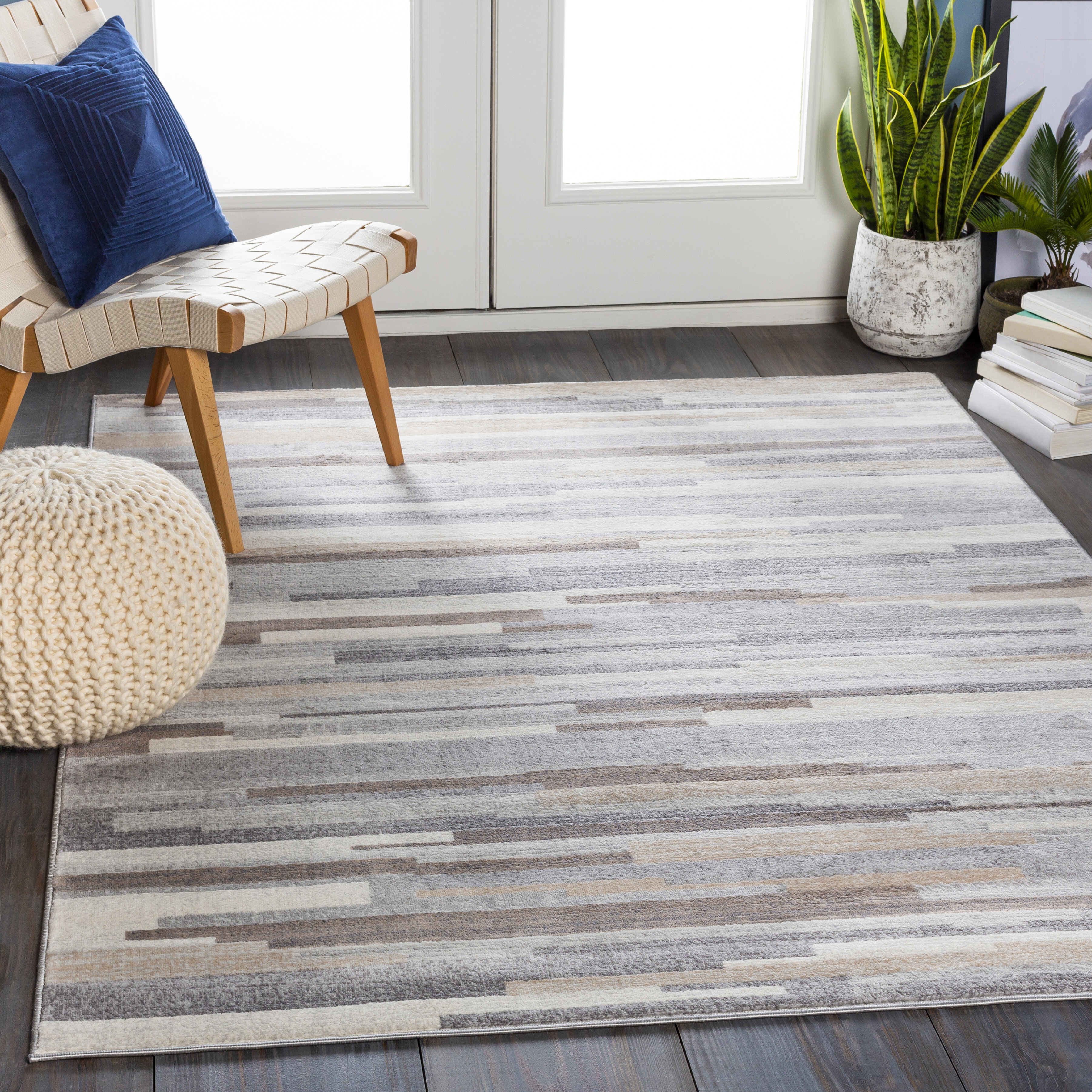 Modern Short Pile Living Room Rug Abstract Dots Stripes Design In Beige 