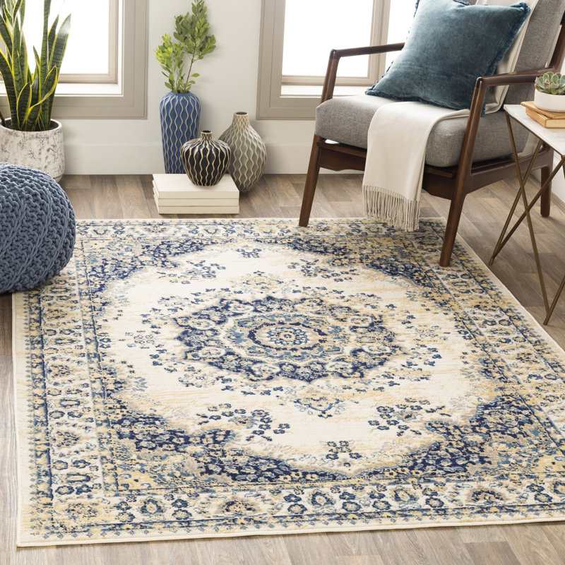 Bungalow Rose Windley Distressed Oriental Navy Blue Beige Area