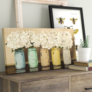 View Hydrangeas in Mason Jars Painting Print on Wrapped Canvas