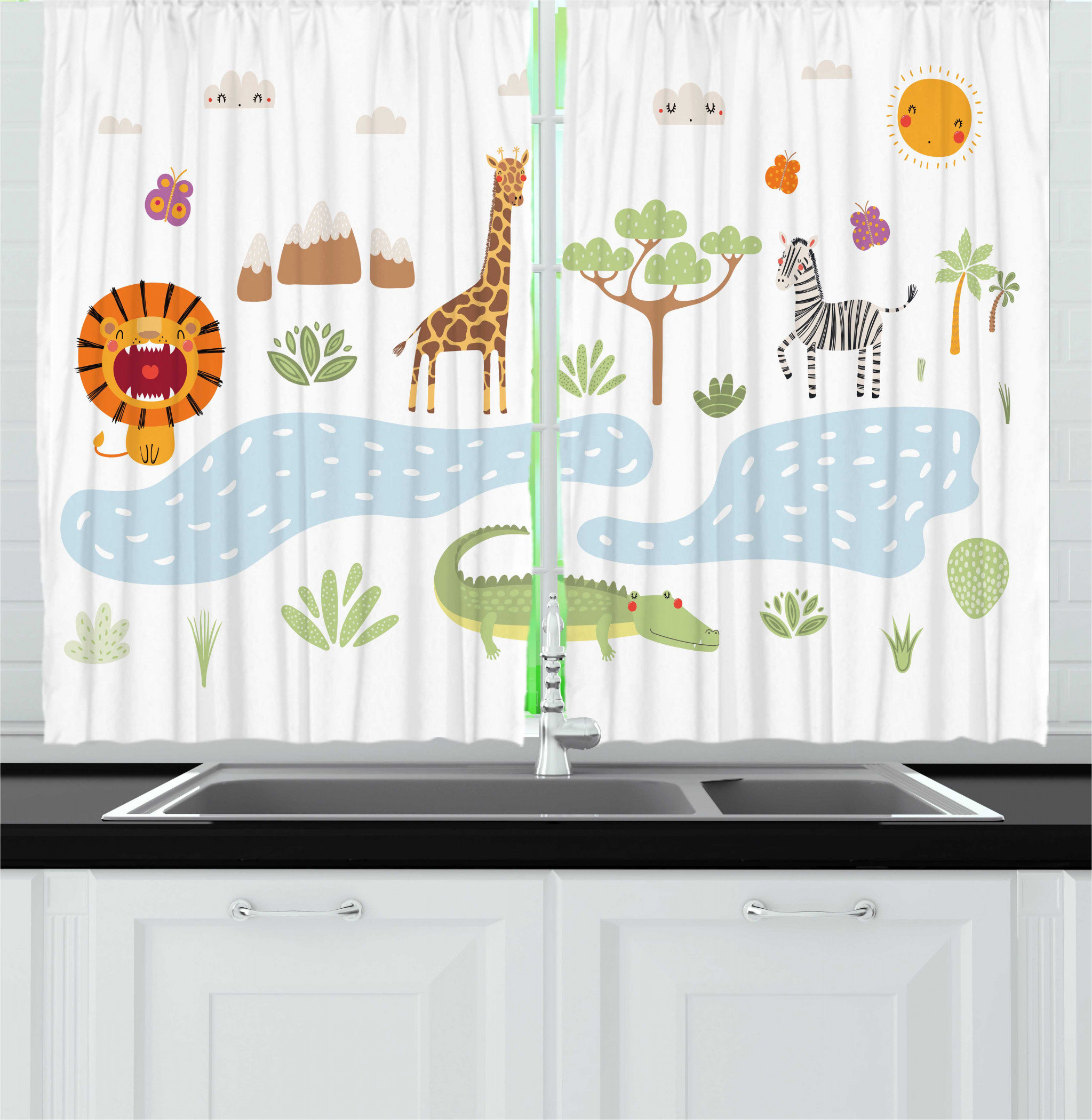 East Urban Home 2 Piece Crocodile Doodle Design Of Various Forest Animals By The Lake Landscape Kitchen Curtain Set Wayfair