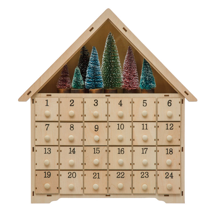 The Holiday Aisle® Wood House with 24 Boxes and 7 Bottle Brush Trees Advent  Calendar | Wayfair