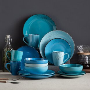 Modern Teal & Black Square Dinnerware Service for 8 Plates Bowls Mugs 32-Piece Set 
