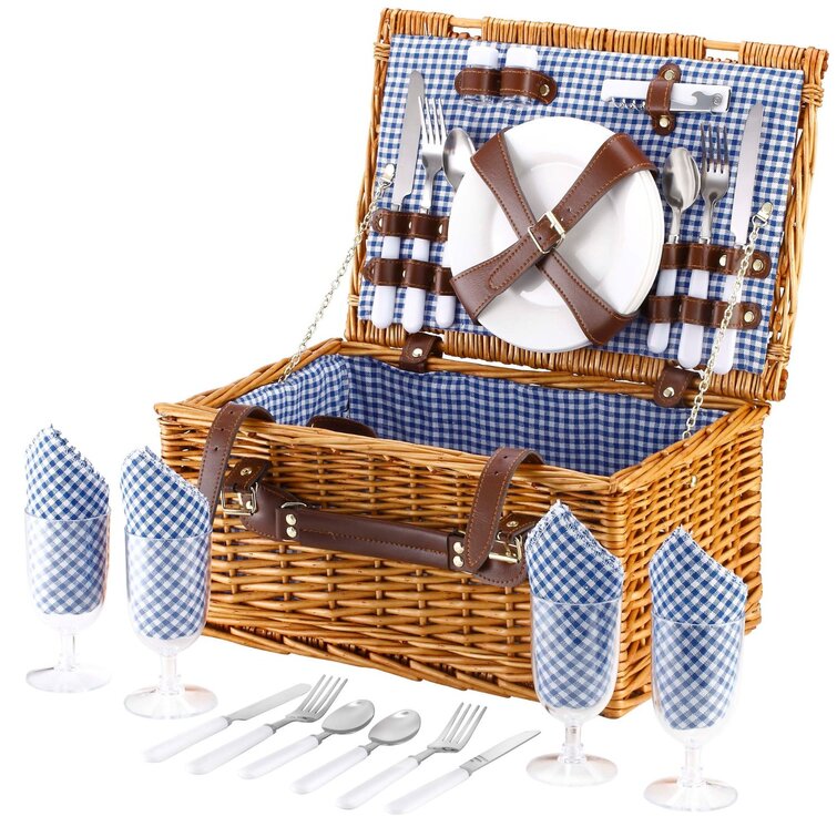 2 Person Wicker Picnic Basket Hamper Deluxe Set with Flatware and Wine Glasses 