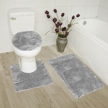 Waterfall Bathroom Mat Lid Toilet Cover Rug 3Pc Set Shower Curtain Bath Non-slip