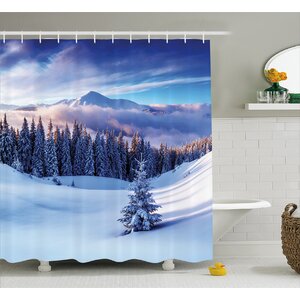 Jennings Surreal Winter Scenery With High Mountain Peaks and Snowy Pine Trees Shower Curtain