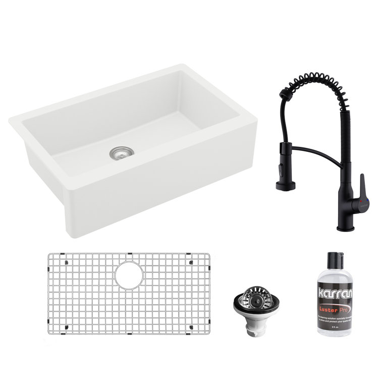 Karran All-In-One Farmhouse/Apron-Front Quartz 34 In. Single Bowl Kitchen Sink In Black With Faucet KKF210 In Stainless Steel