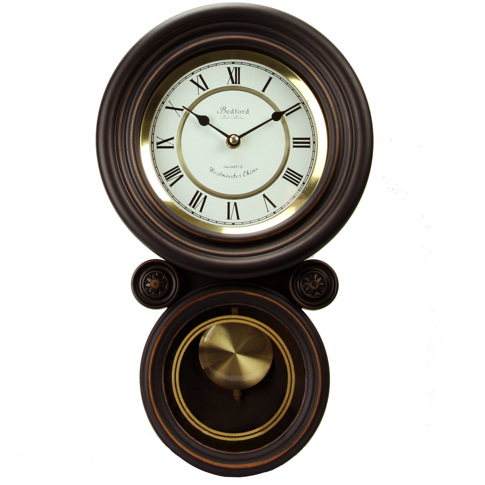 Bedford Clock Collection Chocolate Wood Wall Clock with Pendulum and Chimes NEW