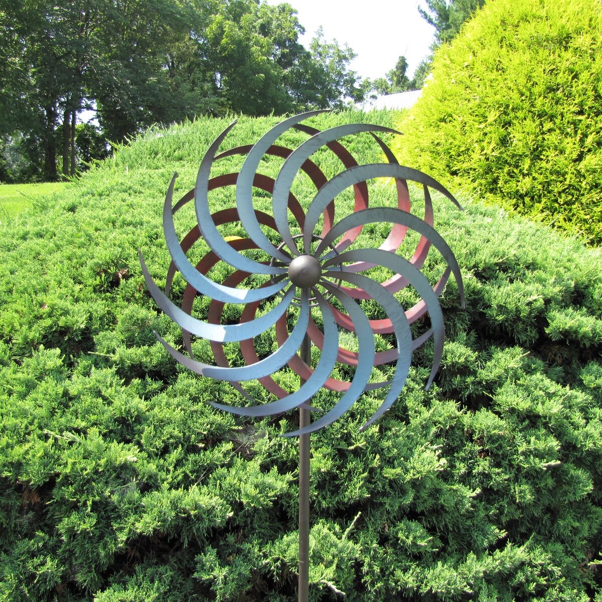 Rustic Metal Garden Art Double Pinwheel Yard Wind Spinner Lawn Ornament Decor 