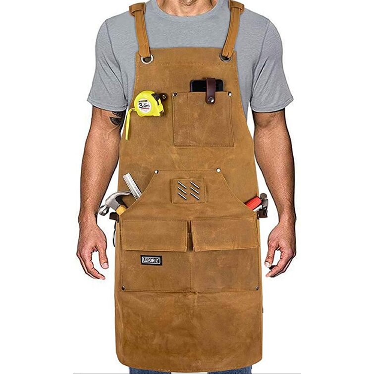 Woodworking Shop Apron,Heavy Waxed Canvas Brown-leather Shoulder Strap Buckle 
