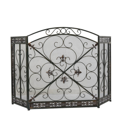 Black Metal Scroll Foldable Arched 3 Panel Living Room Fireplace Screen with Fleur De Lis Accents, 52" x 1" x 31"
