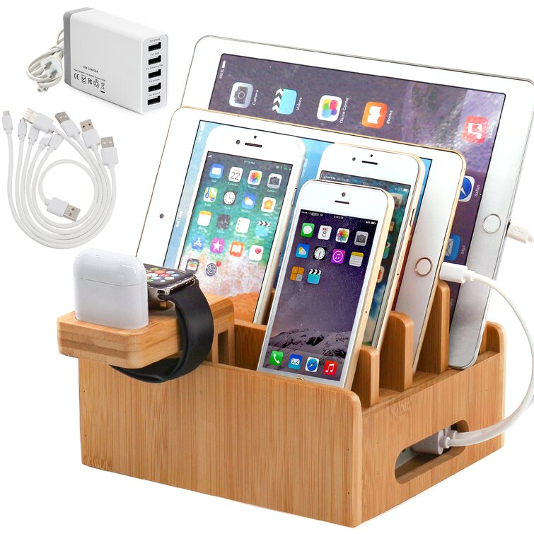 QTT Mobile Phone Holder Multi-Function Charging Base Wooden Mobile Phone/Tablet USB Charging Stand 