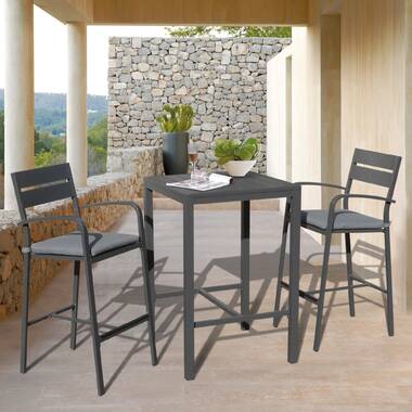 Incbruce 3 Pieces Outdoor Furniture Set Patio Bar Set 2 Metal Swivel Cushioned Stools and 1 Classic Bistro Table（Wood） 
