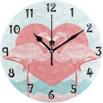 Flamingo with Flower Wreath Pattern Pink Color Printed Non-Ticking Round Wall Clock 9.84” Battery Operated Silent Desk Clock for Bedroom Living Room Home Office School Wall Decor 