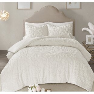 Madison Park Laetitia Comforter Bohemian Tufted Cotton Chenille Medallion Shabby Chic All Season Down Alternative Bed Set with Matching Shams Full/Queen 90 in x 90 in Floral Off White 