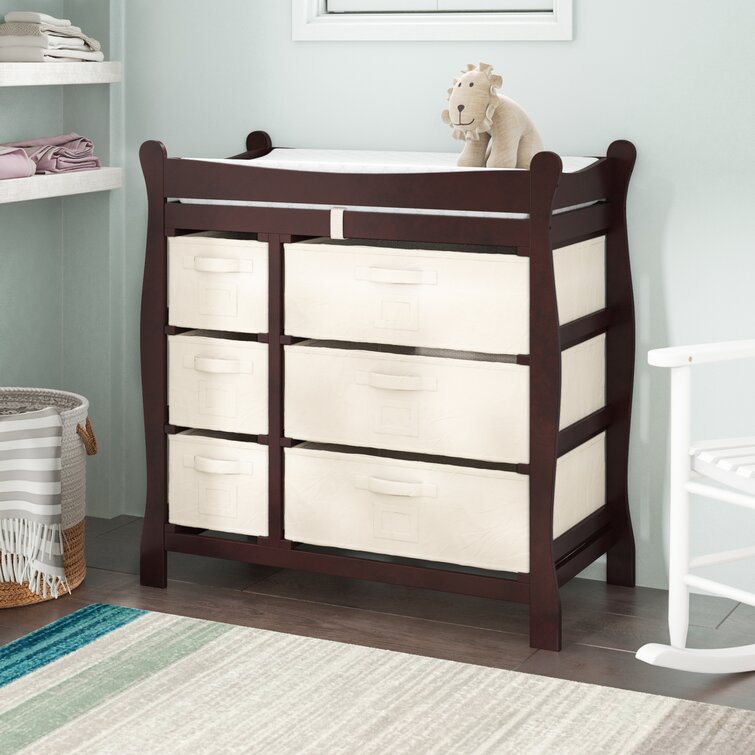 Sleigh Style Baby Changing Table with 6 Storage Baskets and Pad 