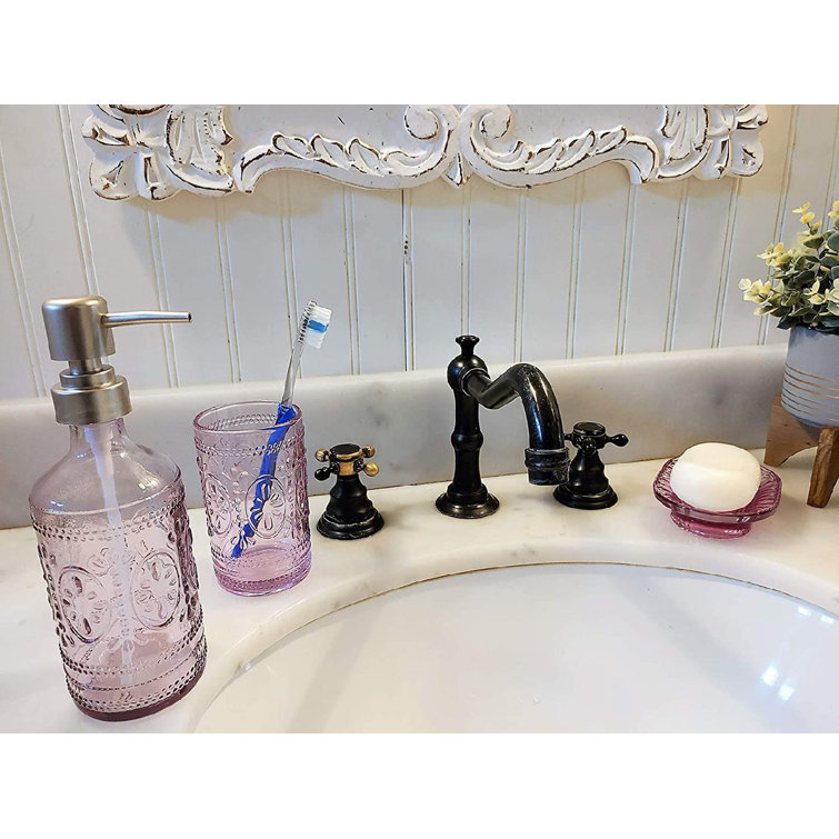 Glass Boho Bathroom Accessories Set - 3-Piece Vintage Bath Set With Lotion Soap Dispenser, Tumbler Cup, And Soap Dish