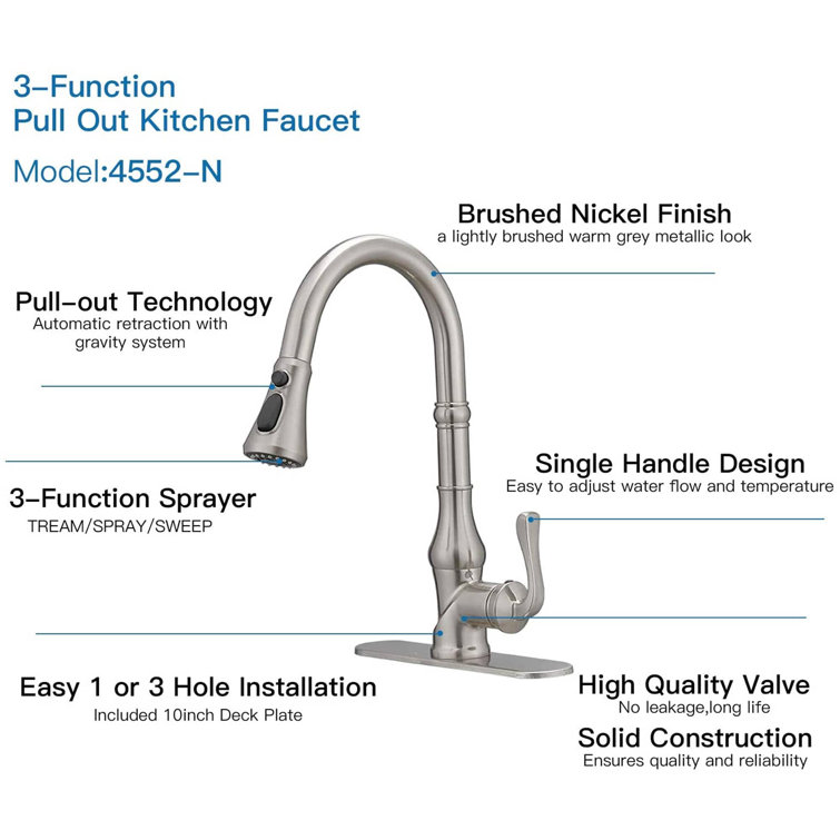 KIKO HOME Pull Down Kitchen Faucet Single Handle 3 Function ...