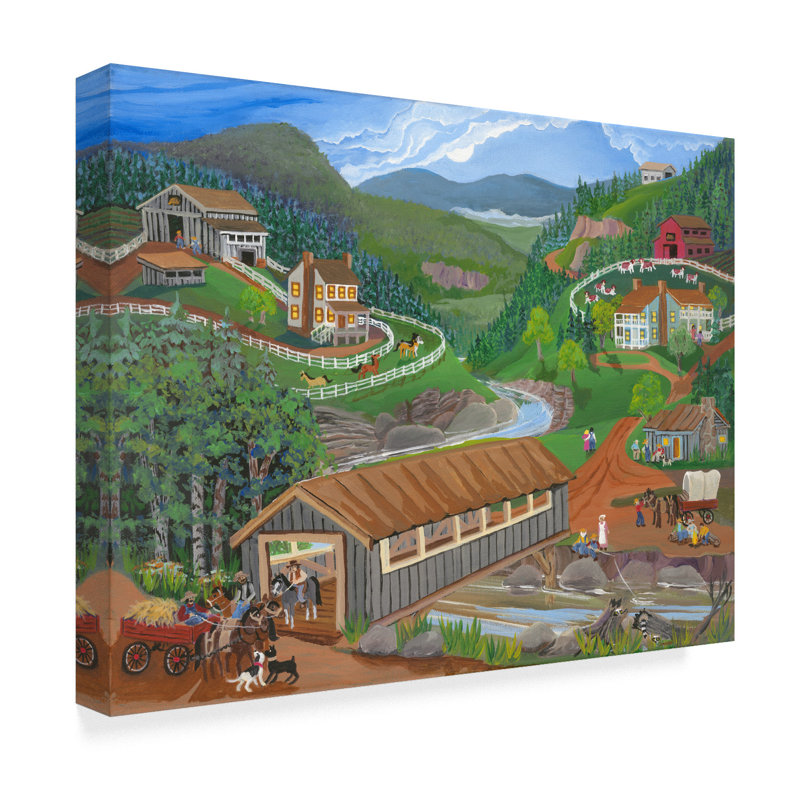 Winston Porter Covered Bridge Over River Acrylic Painting Print