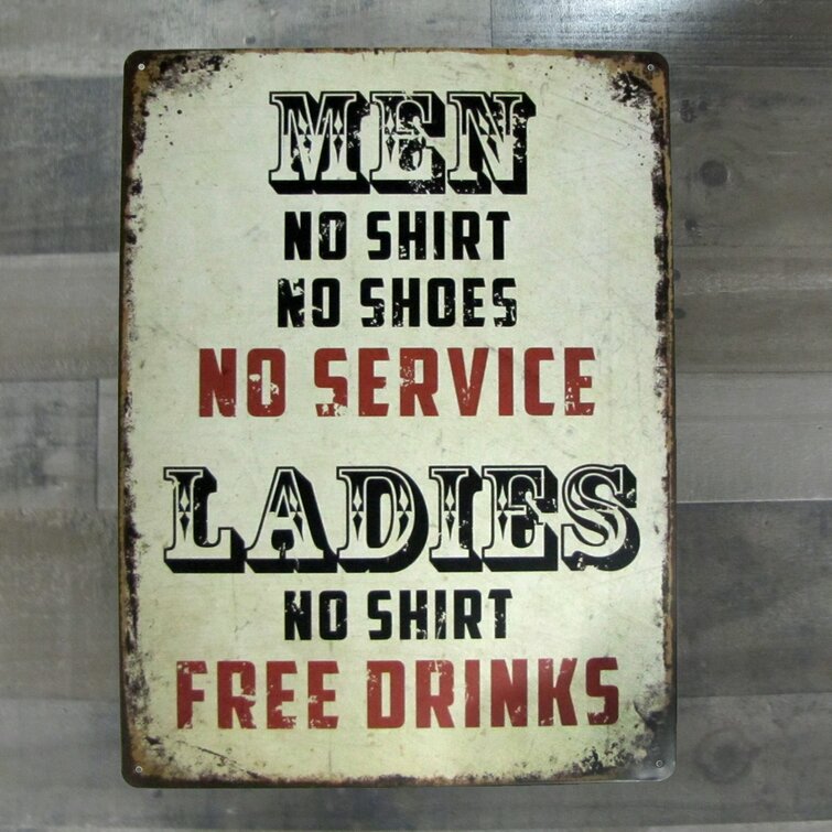 Men No Shirt No Service Women No Shirt FREE DRINKS Tin Metal Sign Decor Funny