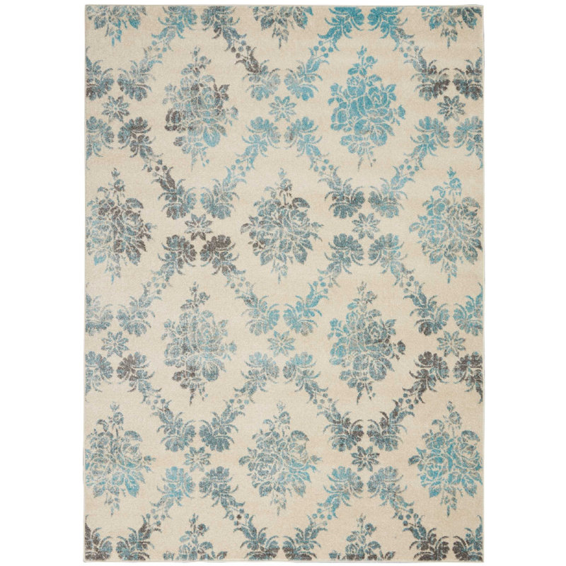 Waverly Baby Beliveau Contemporary Floral Ivory/Turquoise/Gray Area Rug