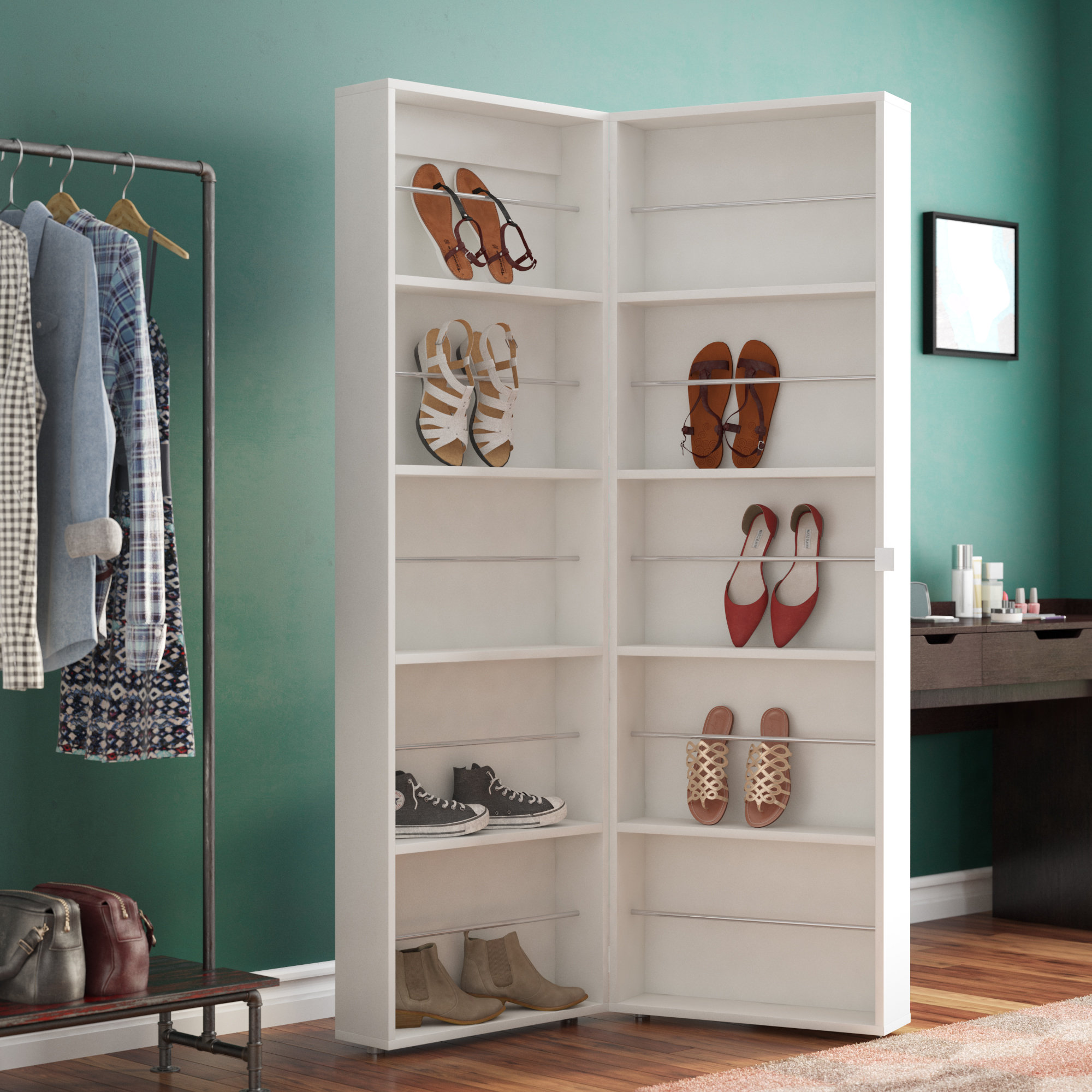 Rebrilliant Ridgley Mirrored 32 Pair Shoe Storage Cabinet Wayfair