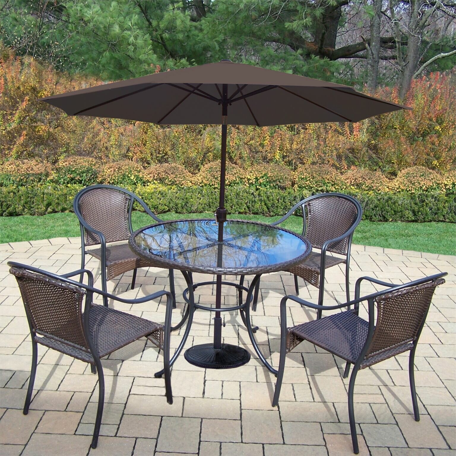 Darby Home Co Parishville 5 Piece Durable All Weather Resin Wicker Dining Set With Umbrella Wayfair