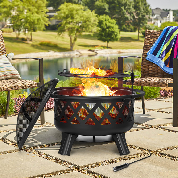 Portable Fire Pit Wood Burning Round Mesh Guard Backyard Patio Evening Party 28" 