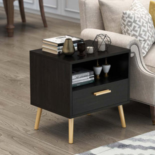 Black DEVAISE Wood End Table/Night Stand/Bedside Table Storage Shelf with Bin Drawer 