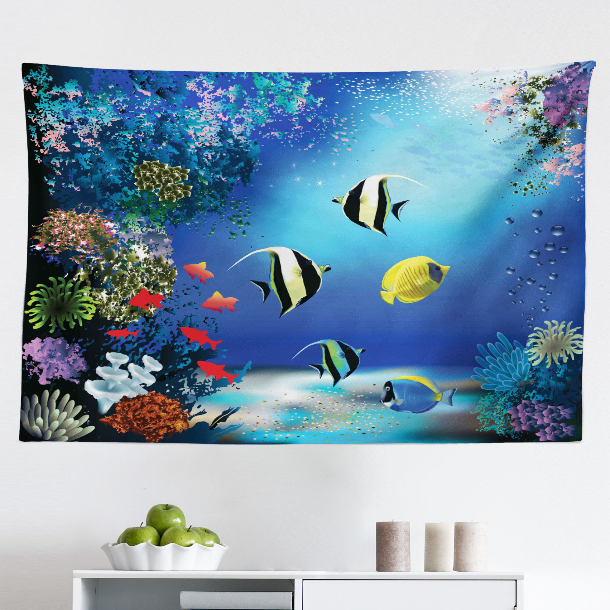 Ambesonne Underwater Tapestry, Tropical Undersea Colorful Fishes Swimming  In The Ocean Coral Reefs Image, Fabric Wall Hanging Decor For Bedroom  Living 