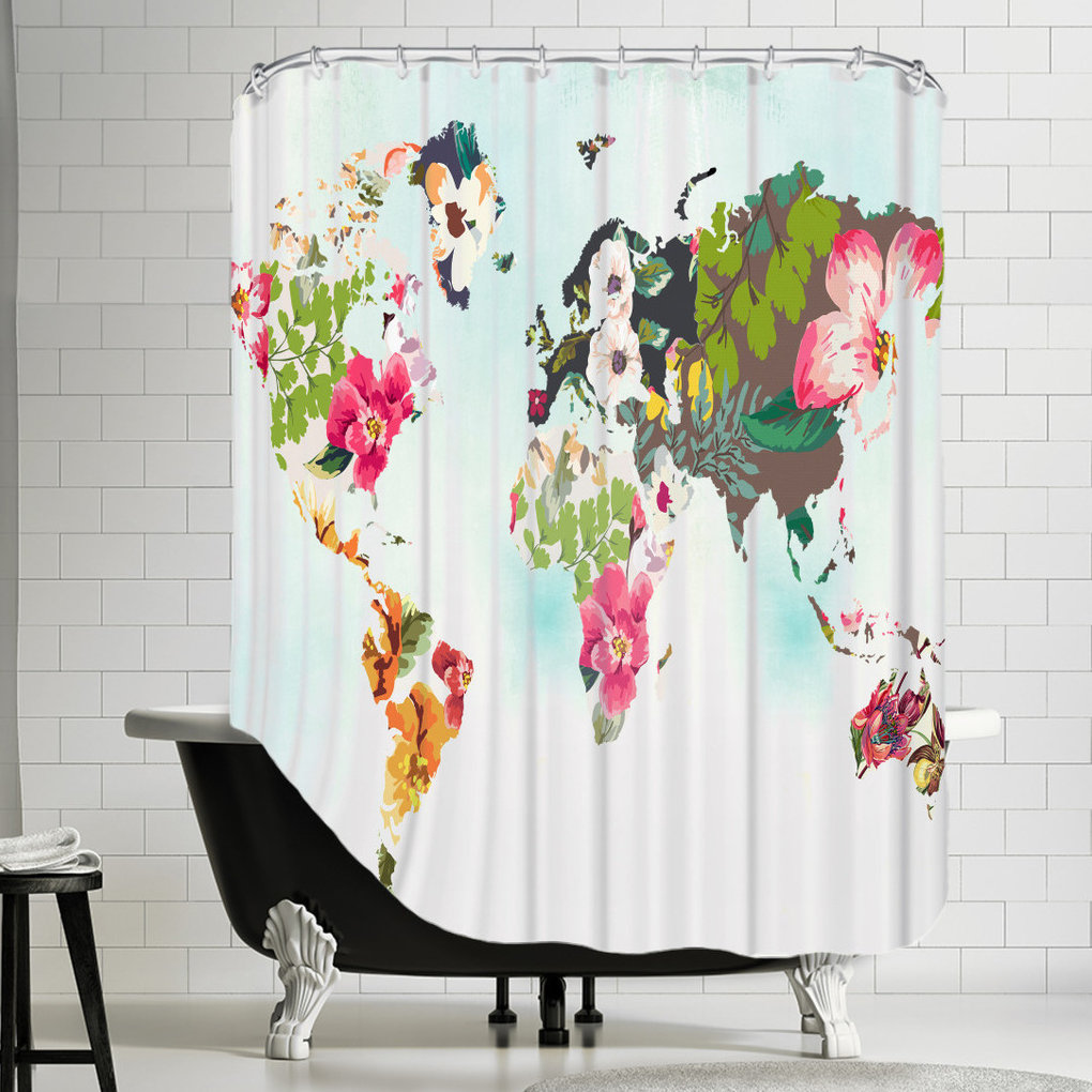 Americanflat 71" x 74" Shower Curtain, World Map 1 by Peach & Gold