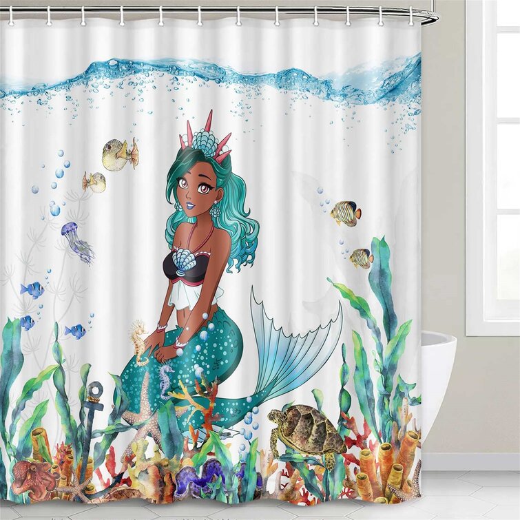 Underwater World Of Mermaid & Sea Turtle Waterproof Fabric Shower Curtain & Hook 