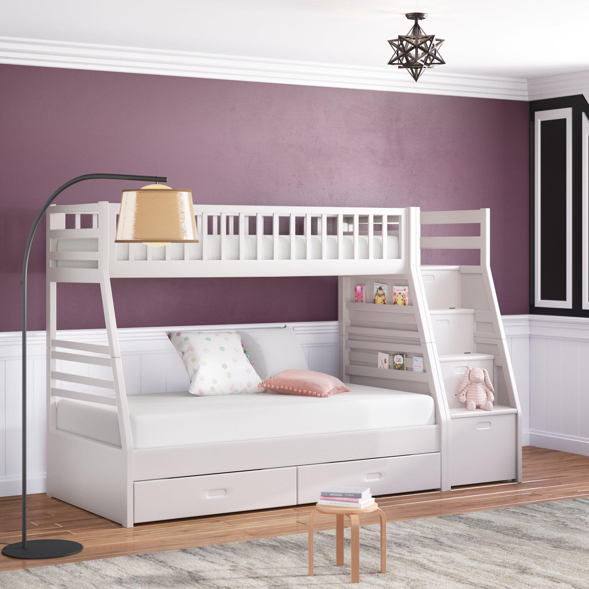 bunk beds with double bed on bottom