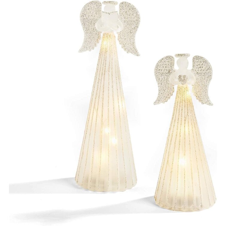 6 Inch & 8 Inch Tall Holiday Table Centerpiece Mantle Decorations Christmas Angel Figurines with Lights Set of 2 Statues Batteries Included Frosted Glass LED Fairy Lights Inside Silver Glitter 