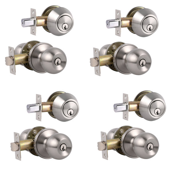 Set of 3 Satin Nickel Entry Oval Door Lock sets All Locks Same Keyed Alike 