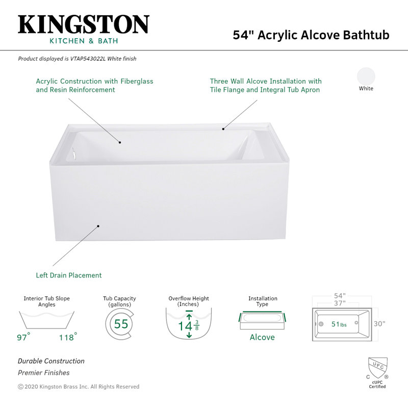 Kingston Brass Aqua Eden 54 X 30 Alcove Soaking Acrylic Bathtub Reviews Wayfair Ca