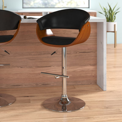 Allin Swivel Adjustable Height Bar Stool with Open Back in Faux Leather, Walnut Wood and Chrome