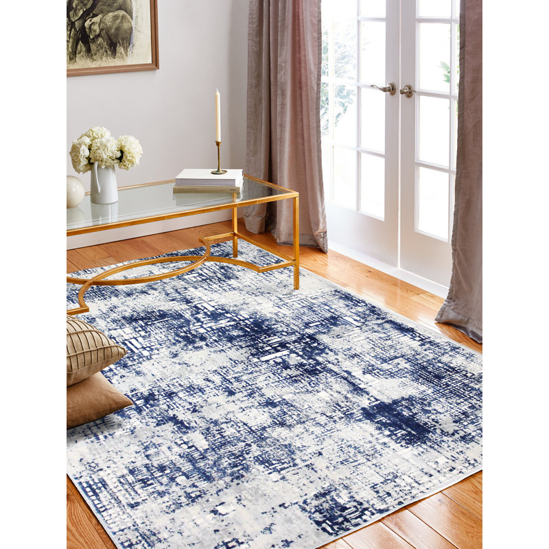 17 Stories Cipriani Power Loom Blue Ivory Rug Wayfair