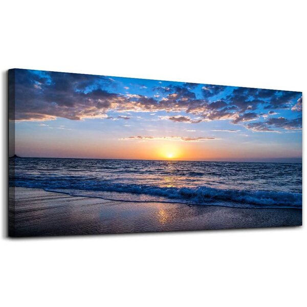 Large Sunset Sea Canvas Art Sun Rising Palm Trees Picture 44"x20" chunky frame 