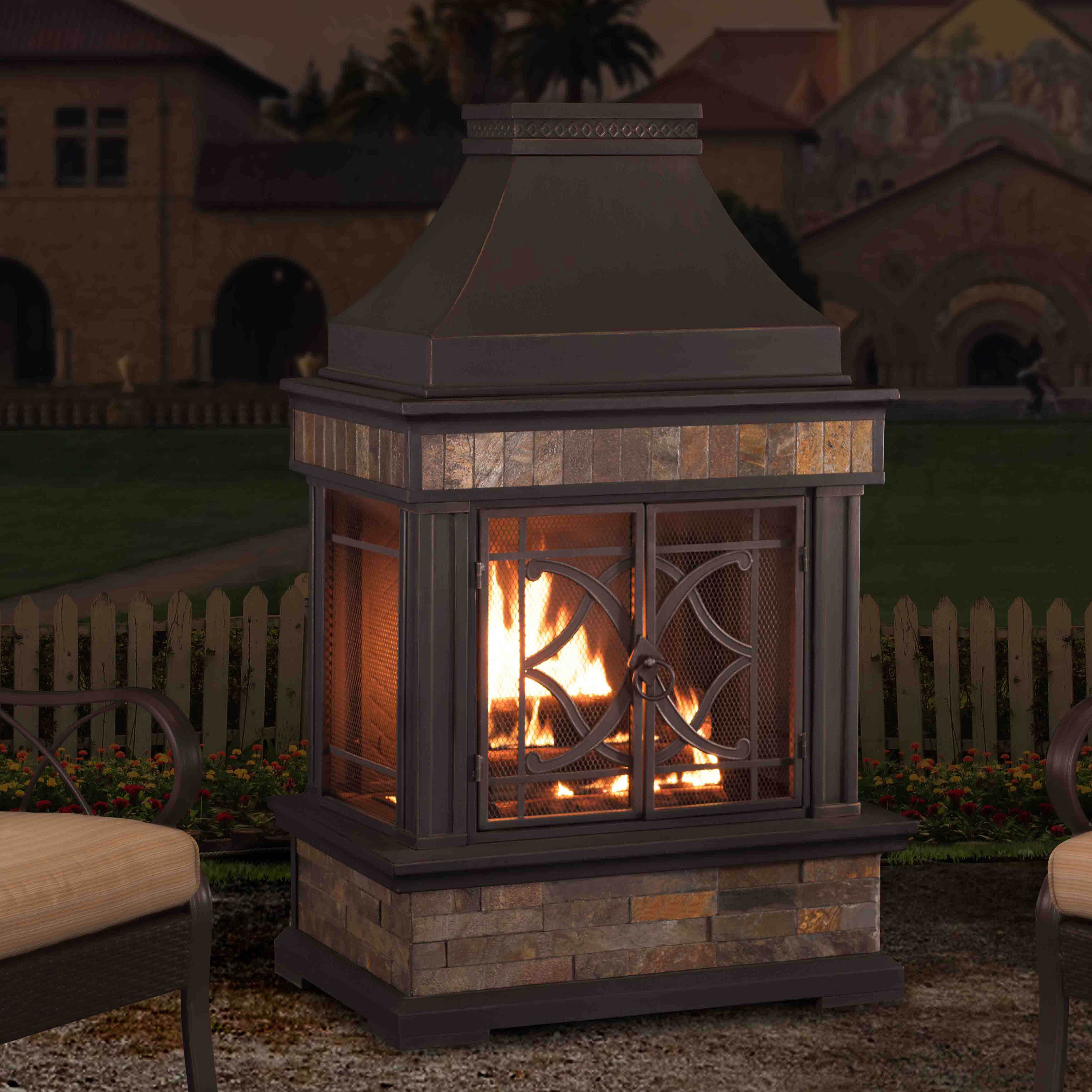 Sunjoy Heirloom Steel Stone Wood Burning Outdoor Fireplace